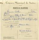 Registo de velocípede de marca Famel, com o nº 7952, em nome de Francisco António, morador em Atalaia de Baixo.