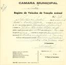 Registo de um veiculo de duas rodas tirado por dois animais de espécie bovina destinado a transporte de mercadorias em nome de Guilherme Nadal, morador na Rua Filipe Folque em Lisboa.