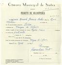 Registo de velocípede de marca Helios, com o nº 8232, em nome de Maria Manuela Garcia Martins, moradora em Várzea de Colares.