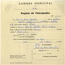 Registo de velocípede com o nº 1855, em nome de José de Jesus Martins, morador em Cacém.