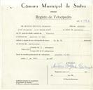 Registo de velocípede de marca H.M.W., com o nº 8892, em nome de António Alfredo Raimundo, morador em Azenhas do Mar.