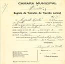 Registo de um veiculo de duas rodas tirado por dois animais de espécie bovina destinado a transporte de mercadorias em nome de Augusto Costa, morador em Vale de Lobos.