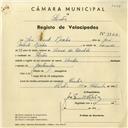 Registo de velocípede de marca Vander, com o nº 3862, em nome de José Parente Rocha, morador em Sintra.