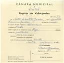 Registo de velocípede com o nº 5597, em nome de Artur Sebastião Gaiolas, morador em Paiões.