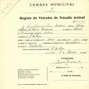 Registo de um veiculo de duas rodas tirado por um animal de espécie asinina destinado a transporte de mercadorias em nome de Luís Romeu da Silveira Machado, morador em A da Beja.