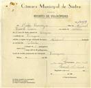 Registo de velocípede de marca Nacional, com o nº 10019, em nome de Heitor Domingos, morador em Terrugem.