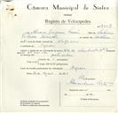 Registo de velocípede de marca H.M.W., com o nº 8958, em nome de Álvaro Joaquim Simões, morador em Negrais.
