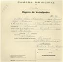 Registo de velocípede de marca Peugeot, com o nº 771, em nome de José Lopes Miranda, morador em Algueirão.