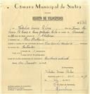 Registo de velocípede de marca Vilar-Cuciolo, com o nº 6747, em nome de Valentim Inácio Pé Leve, morador em Pero Pinheiro.