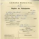 Registo de velocípede de marca Oriental, com o nº 3965, em nome de António Jorge Romão, morador em Pedra Furada.