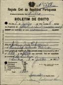 Boletim de óbito de um nado morto, sepultado no coval nº 7688, do cemitério de S. Marçal.