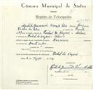 Registo de velocípede com o nº 9147, em nome de Agostinho Guimarães Vieira da Silva, morador em Oinhal da Nazaré, Colares.