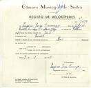 Registo de velocípede de marca Raio, com o nº 9477, em nome de Eugénio Jorge Lourenço, morador em Sintra.