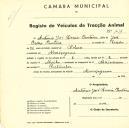 Registo de um veiculo de duas rodas tirado por dois animais de espécie cavalar destinado a transporte de mercadorias em nome de António José Correia Pantana, morador em Almoçageme.