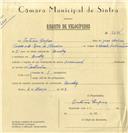 Registo de velocípede de marca Invencível, com o nº 6285, em nome de António Lopes, morador em Queluz.