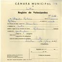 Registo de velocípede de marca Reliance, com o nº 4244, em nome de Alexandre Ribeiro, morador em Sintra.