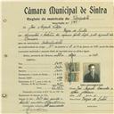 Registo de matricula de velocipedista em nome de José Augusto Filipe, morador na Várzea de Sintra, com o nº de inscrição 744.