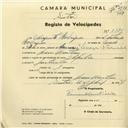 Registo de velocípede de marca Aprilia, com o nº 2985, em nome de Augusto Rodrigues, morador em Mem Martins.