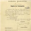 Registo de velocípede de marca Olympique, com o nº 1727, em nome de António Fernando da Silva, morador em Rua Elias Garcia nº 117, Queluz.