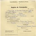 Registo de velocípede de marca Favorite, com o nº 1948, em nome de Maria João de Lencastre e Távora, moradora em Praia das Maçãs.