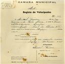 Registo de velocípede de marca Olympique, com o nº 548, em nome de Manuel Ferreira, morador em Casal do Choupo nº 31, Queluz.