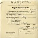 Registo de velocípede de marca Saltley, com o nº 1592, em nome de Maria Helena de Faria e Maya Pereira Gomes, moradora em Algueirão. 