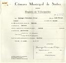 Registo de velocípede de marca Sachs, com o nº 8989, em nome de Domingos Fernandes Filipe, morador em Gouveia.