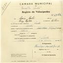 Registo de velocípede de marca Nacional, com o nº 2852, em nome de Anselmo Martins, morador em Sacotes.