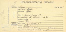 Recenseamento escolar de Alfredo Júnior, filho de Manuel Caetano Júnior, morador em Colares.