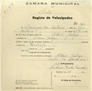 Registo de velocípede com o nº 821, em nome de Domingos José Caetano, morador em Aldeia Galega.