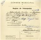 Registo de velocípede de marca Peugeot, com o nº 3253, em nome de António Coimbra das Neves, morador em Albarraque.