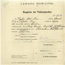 Registo de velocípede de marca Normandia, com o nº 2808, em nome de Virgílio José Lira, morador em Rua Conde Almeida Araújo, Queluz.