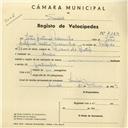 Registo de velocípede com o nº 4129, em nome de João Antunes Marinho, morador em Sintra.