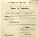 Registo de velocípede de marca Mivic, com o nº 3958, em nome de José de Almeida Figueiredo, morador em Rua Aquiles Machado, Queluz.