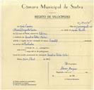 Registo de velocípede de marca Oriental, com o nº 10034, em nome de José Taveira, morador em Casal do Pel
ao, Belas.