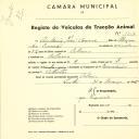 Registo de um veiculo de duas rodas tirado por três animais de espécie asinina destinado a transporte de mercadorias em nome de António José Cosme, morador em Colares.