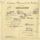 Registo de velocípede de marca Cycles Pombal, com o nº 5988, em nome de Carlos Patrício, morador em Algueirão.