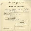 Registo de velocípede de marca Champion, com o nº 3843, em nome de Maria Teresa de Castro Pereira Ulrich, moradora em Sintra.