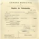 Registo de velocípede de marca Cycles Pombal, com o nº 3816, em nome de José Maria Jorge Leiria Carvalho, morador em Mucifal.