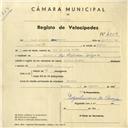 Registo de velocípede de marca Cycles Pombal, com o nº 4353, em nome de José Almeida Cunha, morador em Avª Heliodoro Salgado, Sintra.