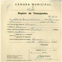 Registo de velocípede de marca Pombal, com o nº 3914, em nome de Alfredo Manuel Francisco, morador em Lameiras.