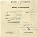 Registo de velocípede com o nº 978, em nome de António Valentim, morador em Gouveia.