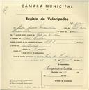 Registo de velocípede de marca L.R.S., com o nº 3775, em nome de João Pedro Monteiro, morador em Vale de Lobos.