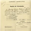 Registo de velocípede de marca Helios, com o nº 1595, em nome de Amadeu Ferreira Barbosa, morador em Rua do Bocage, Queluz.