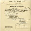 Registo de velocípede de marca Toman, com o nº 1673, em nome de Manuel Bartolomeu, morador em Alcolombal.