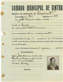 Registo de matricula de velocipedista em nome de José Nunes da Silva Melo, morador em Queluz, com o nº de inscrição 985.