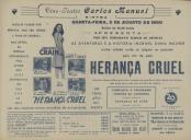 Programa do filme Herança Cruel realizado por Elia Kazan com a participação de Jeanne Crain, Ethel Barrymore, Ethel Waters, William Lundigan e Frederick O'Neal.
Divulga, também, matiné infantil com o filme Abbott e Castello em Africa.