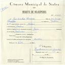 Registo de velocípede de marca Raio, com o nº 5062, em nome de Rui Sebastião Cavaleiro, morador em Morelena.
