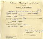 Registo de velocípede de marca Olga, com o nº 9907, em nome de António Miguel Vicente Cunha, morador em Linhó.