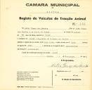 Registo de um veiculo de duas rodas tirado por dois animais de espécie muar destinado a transporte de mercadorias em nome de Artur Tomás dos Santos, morador no Linhó.